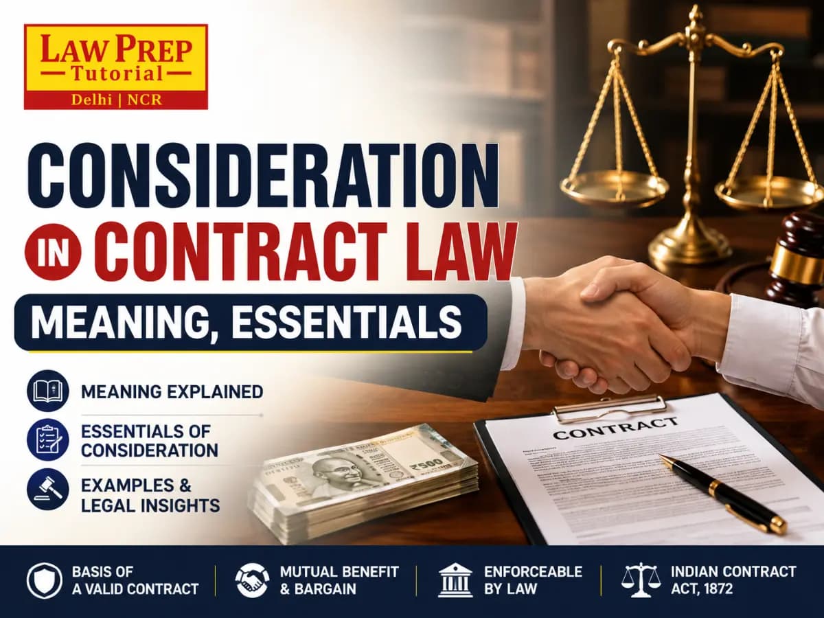 Consideration in contract law explained for CLAT and judiciary exams with the Section 2(d) definition and examples.