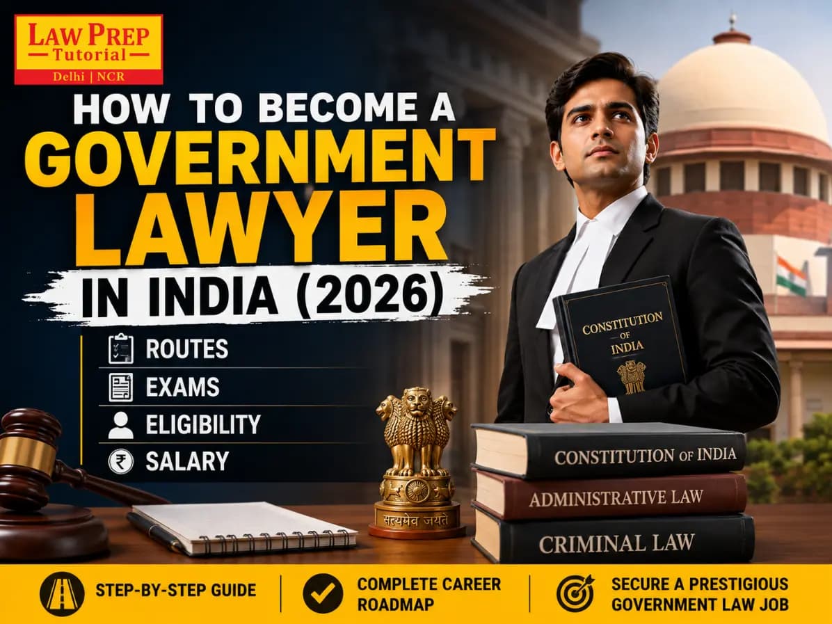 A route diagram from law degree to the five government lawyer posts. Alt text: Routes to becoming a government lawyer in India, from law degree and Bar enrolment to Assistant Prosecution Officer, Public Prosecutor, Government Pleader, standing counsel and law officer posts