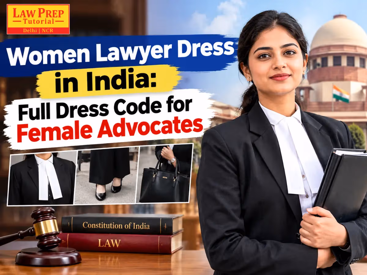 Female advocate in India in the prescribed court dress: white blouse, black coat, white neck bands and advocate gown